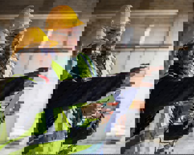 Architects using digital tablet and discussing at the construction site