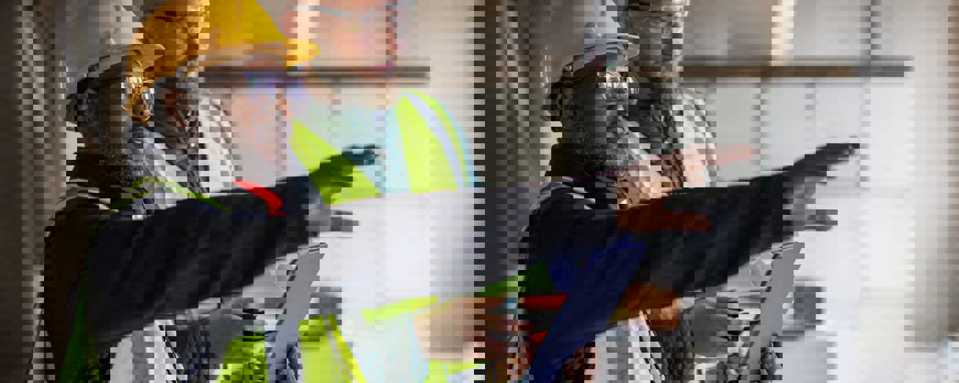 Architects using digital tablet and discussing at the construction site