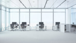 Bright open-plan office with four desks, monitors, and rolling chairs beside floor-to-ceiling windows