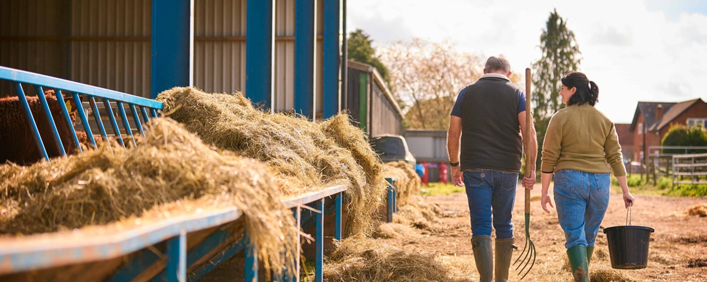 A woman and a man walking past farm buildings