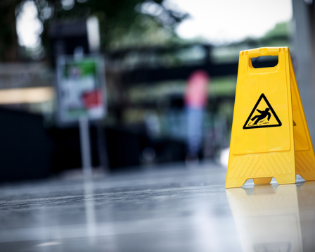 A caution sign in bright yellow reading  "Wet Floor," alerting individuals to potential slip hazards on a wet surface.