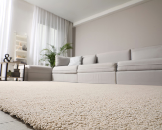 A clean, light beige low-pile carpet in a modern living room with a light gray sofa and white curtains