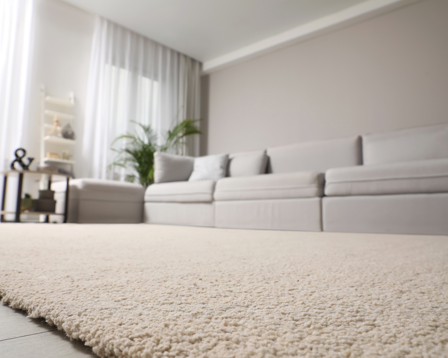 A clean, light beige low-pile carpet in a modern living room with a light gray sofa and white curtains