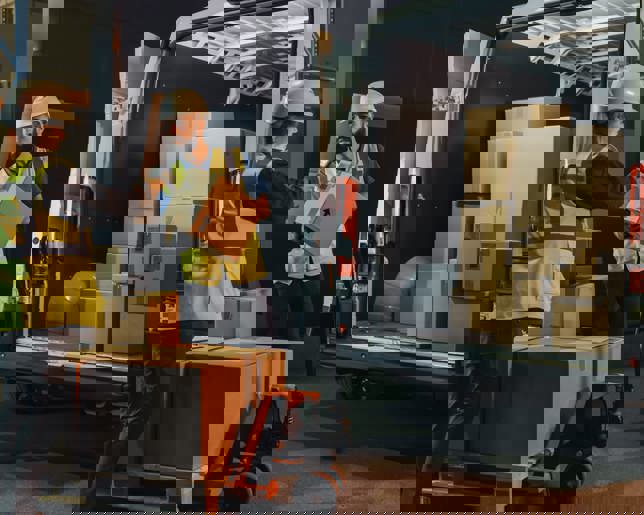 Distributors manager talks to a worker loading a delivery truck with cardboard boxes of online orders.