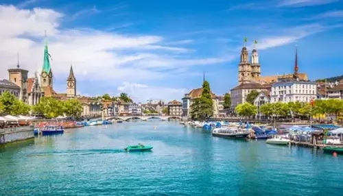 Scenic Swiss city riverfront with churches, bridges, boats, and a bright blue sky.