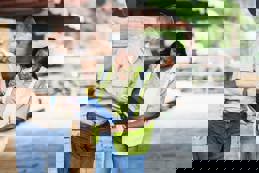 Two multiracial workers working at a lumberyard