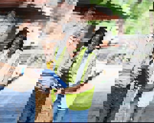 Two multiracial workers working at a lumberyard