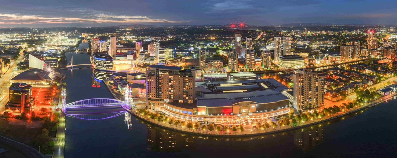 Aerial view of London's skyline at dusk