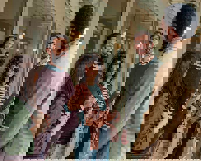 Colleagues gathered in an office hallway.jpg