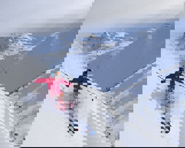 Military skier skiing down snowy slope