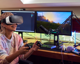 Woman wearing virtual reality headset gaming