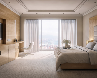  Modern, sunlit bedroom with large windows, city and waterfront view, neutral decor