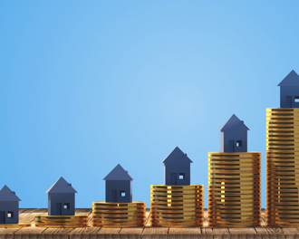 Five miniature house models are placed on stacks of gold coins arranged in increasing height from left to right.