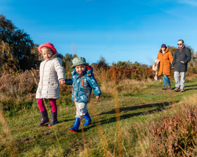 Happy family walking in the countryside. Mother and father with daughter and son on a path through the grass 