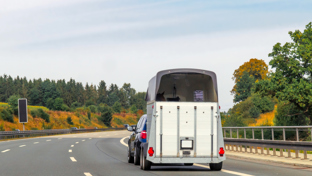 Car towing a box-style trailer on a curving highway, rear view with trees and guardrail