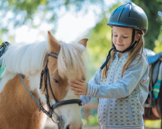 A young girl is gently stroking the forehead of a small brown-and-white horse.