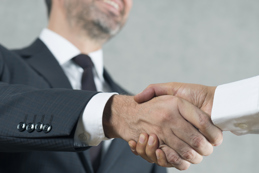 A professional handshake between two individuals, symbolizing agreement, partnership, or a successful deal.