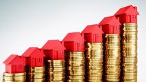 Red miniature houses sit on progressively taller stacks of gold coins, representing rising house prices and increasing wealth in the real estate market.