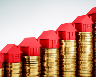 Red miniature houses sit on progressively taller stacks of gold coins, representing rising house prices and increasing wealth in the real estate market.