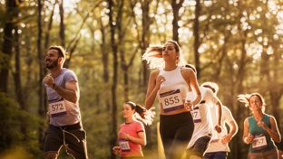 Runners in a sunlit forest