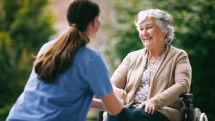 Smiling elderly woman in a wheelchair talking with a caregiver outdoors.
