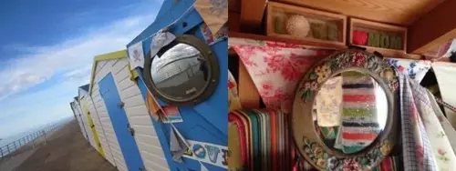 Close-up shots of a blue beach hut featuring a round porthole-style mirror.