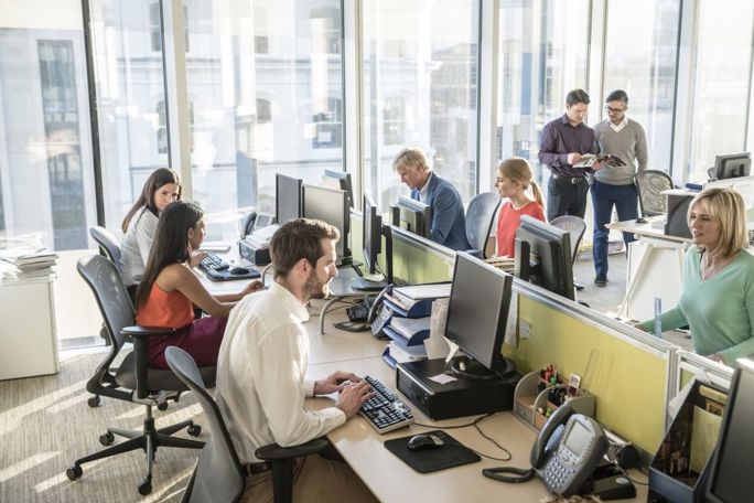 group of employees sitting on a bank working