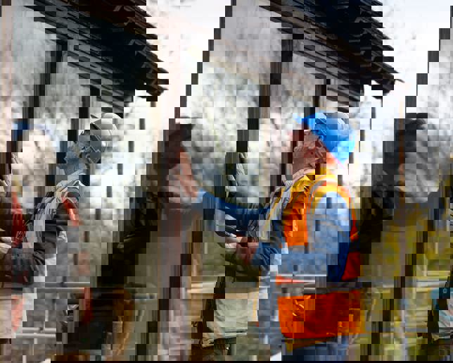 A building manager inspects freshly fitted windows to ensure the sealant is dry and the structure is undamaged.