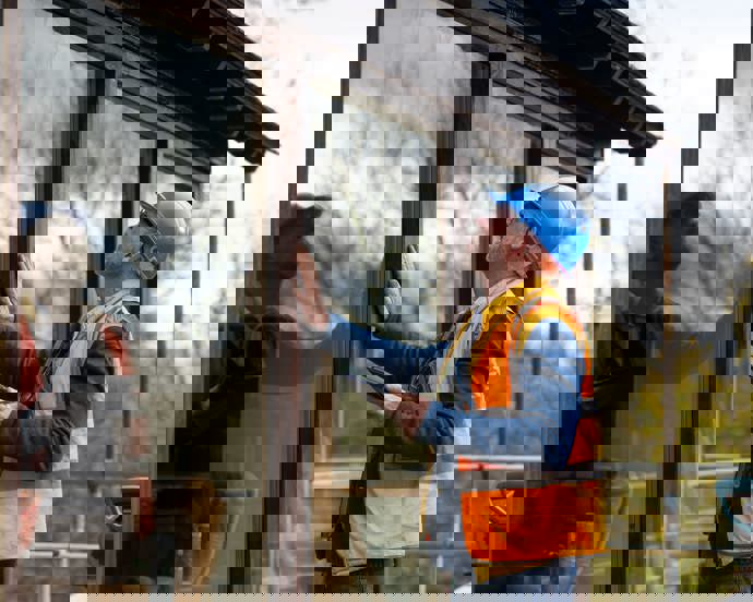 A building manager inspects freshly fitted windows to ensure the sealant is dry and the structure is undamaged.