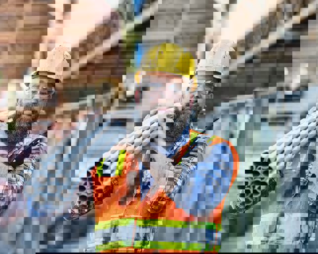 A construction worker carries PVC pipes on his shoulder at a strip mall renovation site.