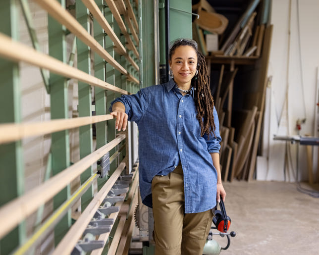 Woman at carpentry workshop