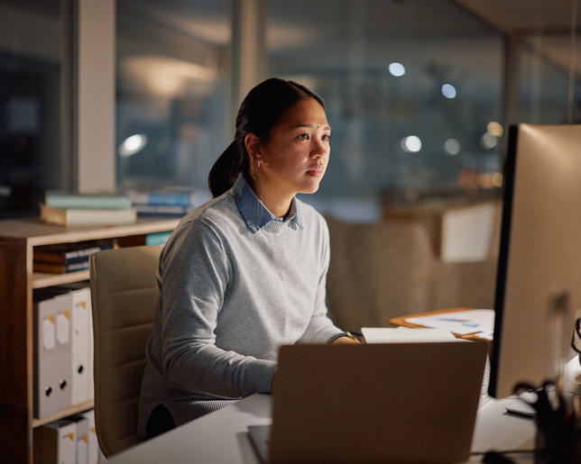  Lawyer, computer or connection at desk for focus or reading email on corporate news in company