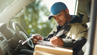 Delivery driver in a van filling out paperwork on a clipboard with parcels on the seat