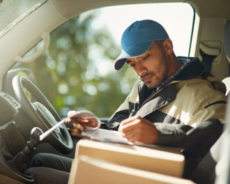 Delivery driver in a van filling out paperwork on a clipboard with parcels on the seat