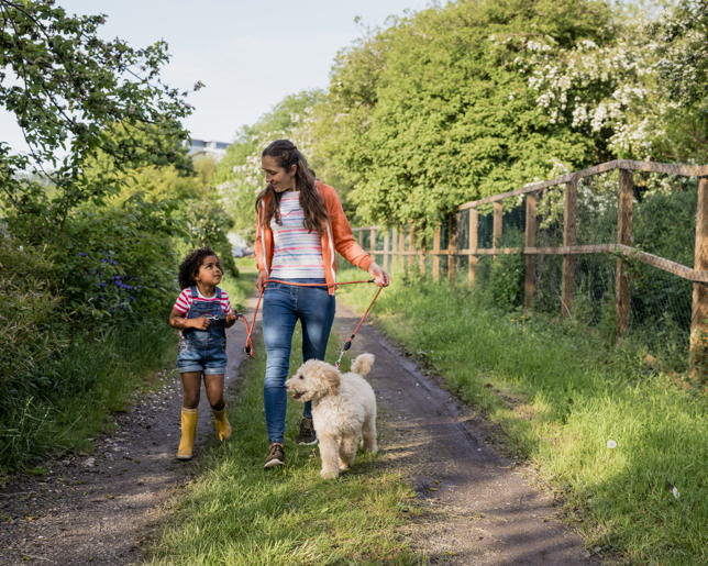 Mother & daughter walking the dog