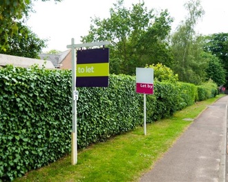 To let signs on a grassy verge beside a hedge