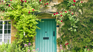 A cottage entrance with a bright green door surrounded by climbing roses and lush garden plants.