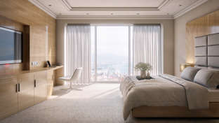  Modern, sunlit bedroom with large windows, city and waterfront view, neutral decor, and minimalist furnishings