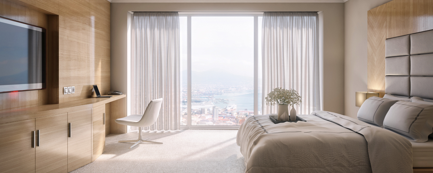  Modern, sunlit bedroom with large windows, city and waterfront view, neutral decor, and minimalist furnishings