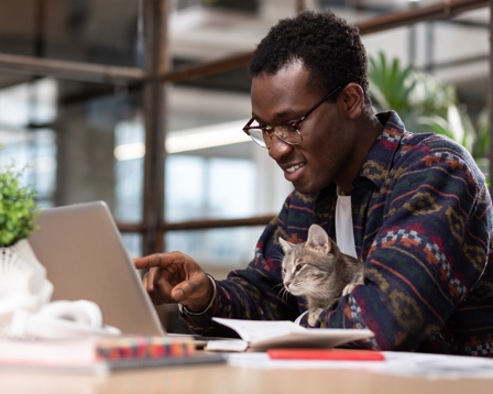Man sitting at his laptop with a cat on his lap