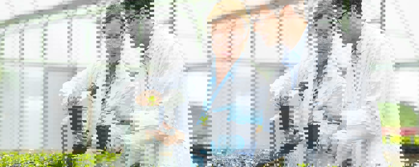 Two botanists, a woman and a younger man, wearing lab coats and safety glasses, study locally grown plants in a test lab