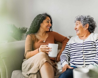 Two ladies it smiling on a sofa