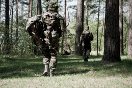 Two soldiers in camouflage gear walking through a sunlit forest with tall trees.