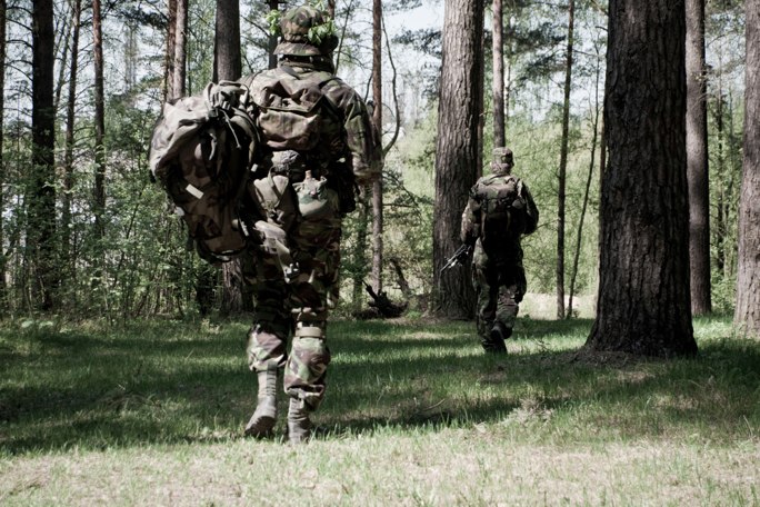 Two soldiers in camouflage gear walking through a sunlit forest with tall trees.
