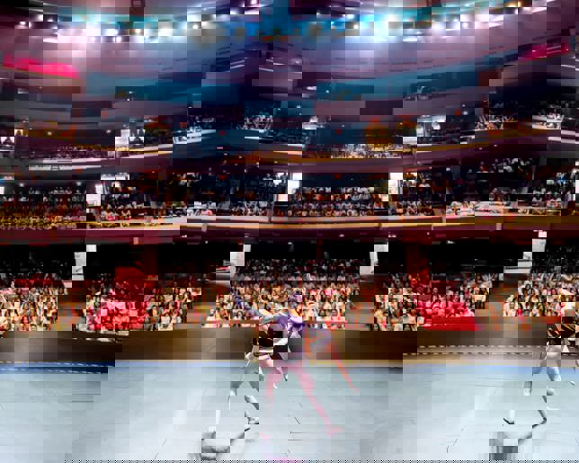 Ballet dancers performing on stage for a large public at a theater