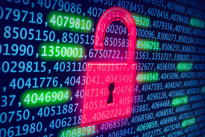Red unlocked padlock over scrolling binary numbers, symbolizing a cybersecurity data breach.