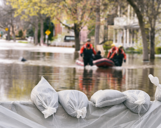Flood Protection Sandbags with flooded homes