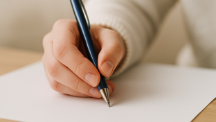 Close-up of a hand holding a blue pen, positioned to write on a blank white sheet of paper on a wooden surface