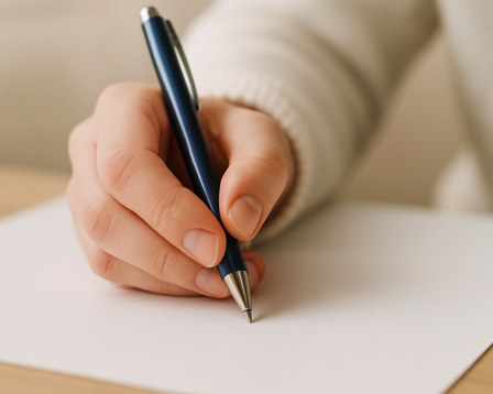 Close-up of a hand holding a blue pen, positioned to write on a blank white sheet of paper on a wooden surface