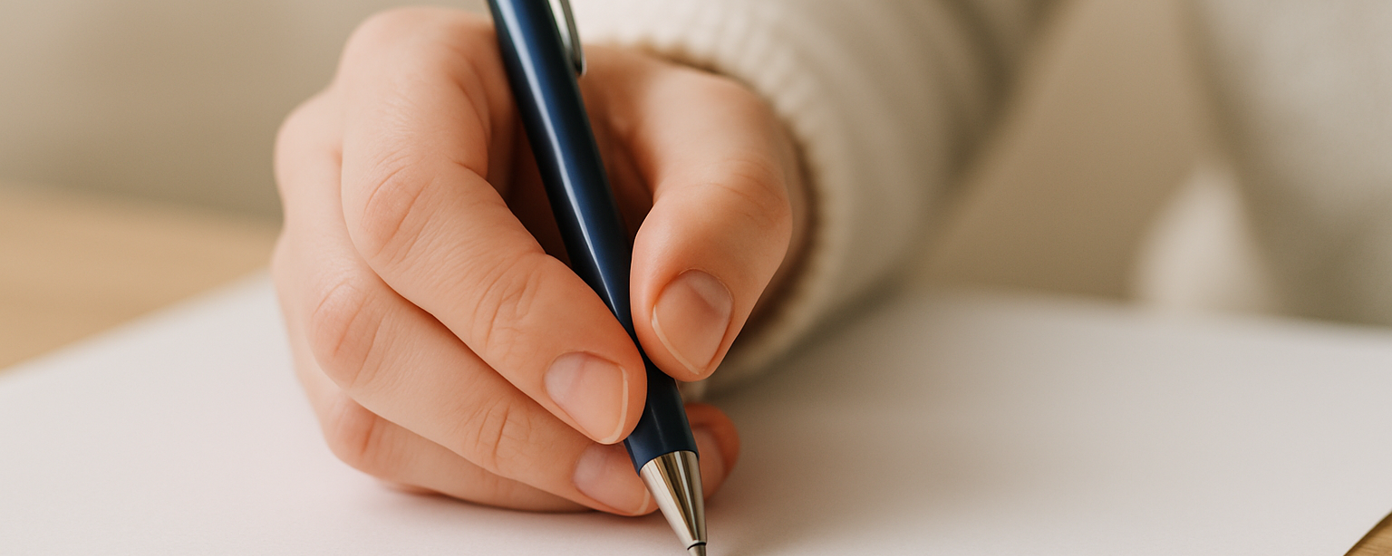 Close-up of a hand holding a blue pen, positioned to write on a blank white sheet of paper on a wooden surface